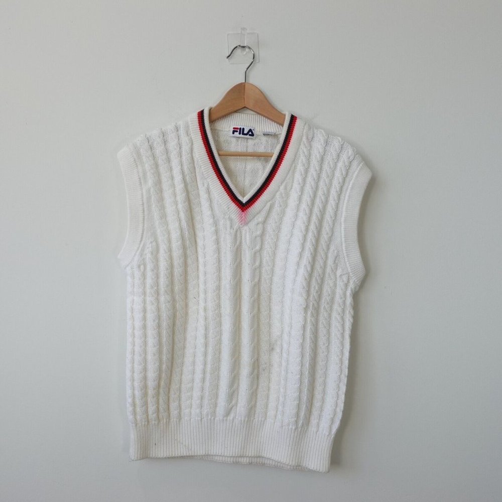 90s VINTAGE FILA Sweater Mens Medium Tennis White Cotton‎ Vest Cable Knit Y2K